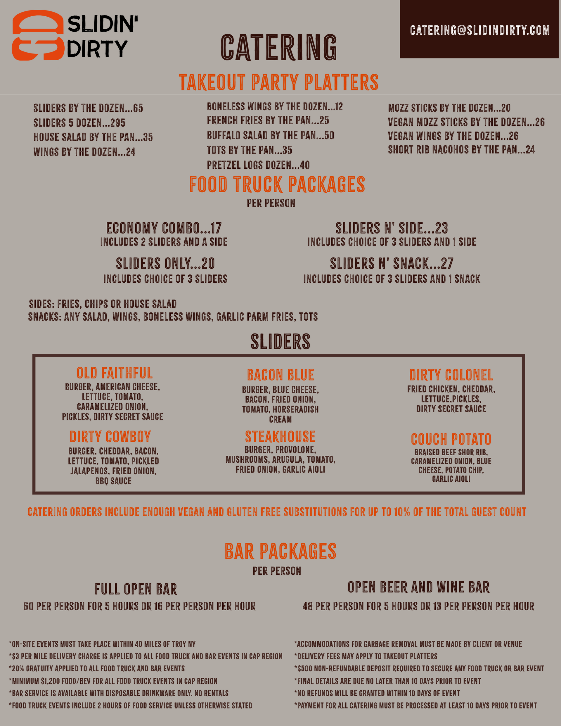 Slidin' Dirty catering menu: takeout platters, food truck packages, slider options, and bar packages.