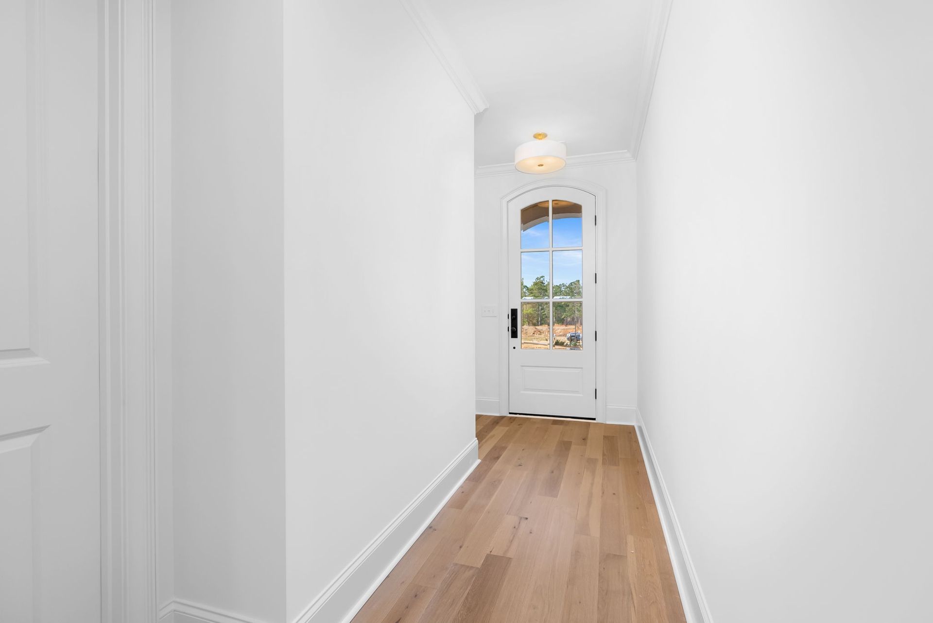 A hallway with hardwood floors and a white door in a house.