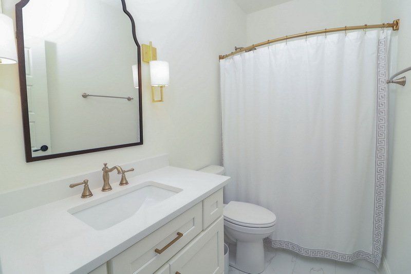 A bathroom with a sink , toilet , shower curtain and mirror.