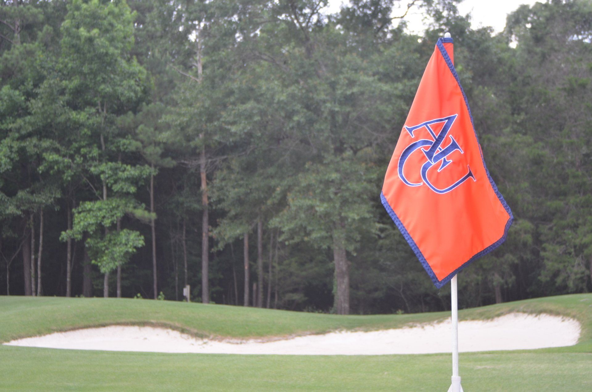 A golf course with a flag that has the letters AUC on it
