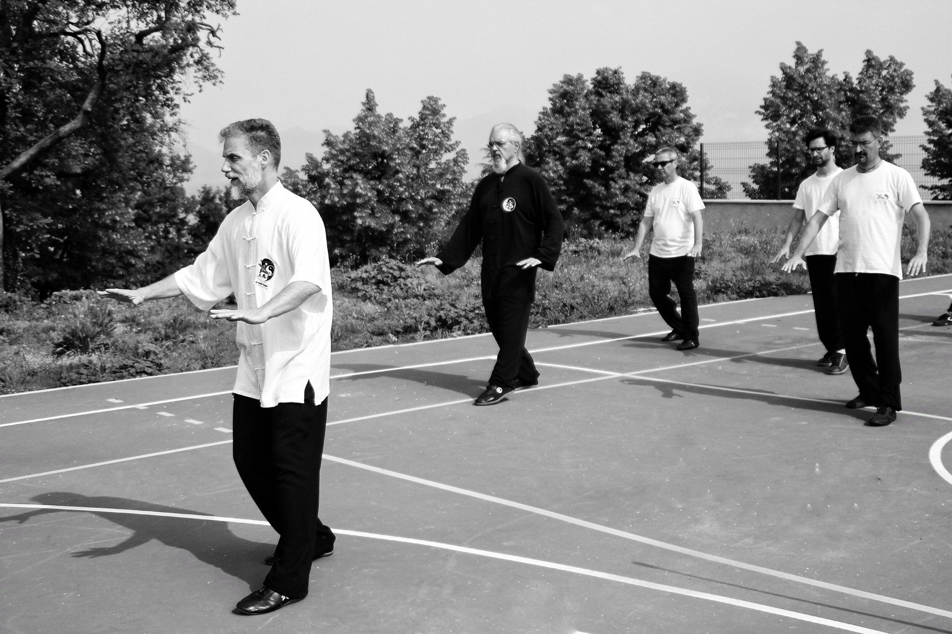 Un gruppo di uomini pratica le arti marziali in un campo