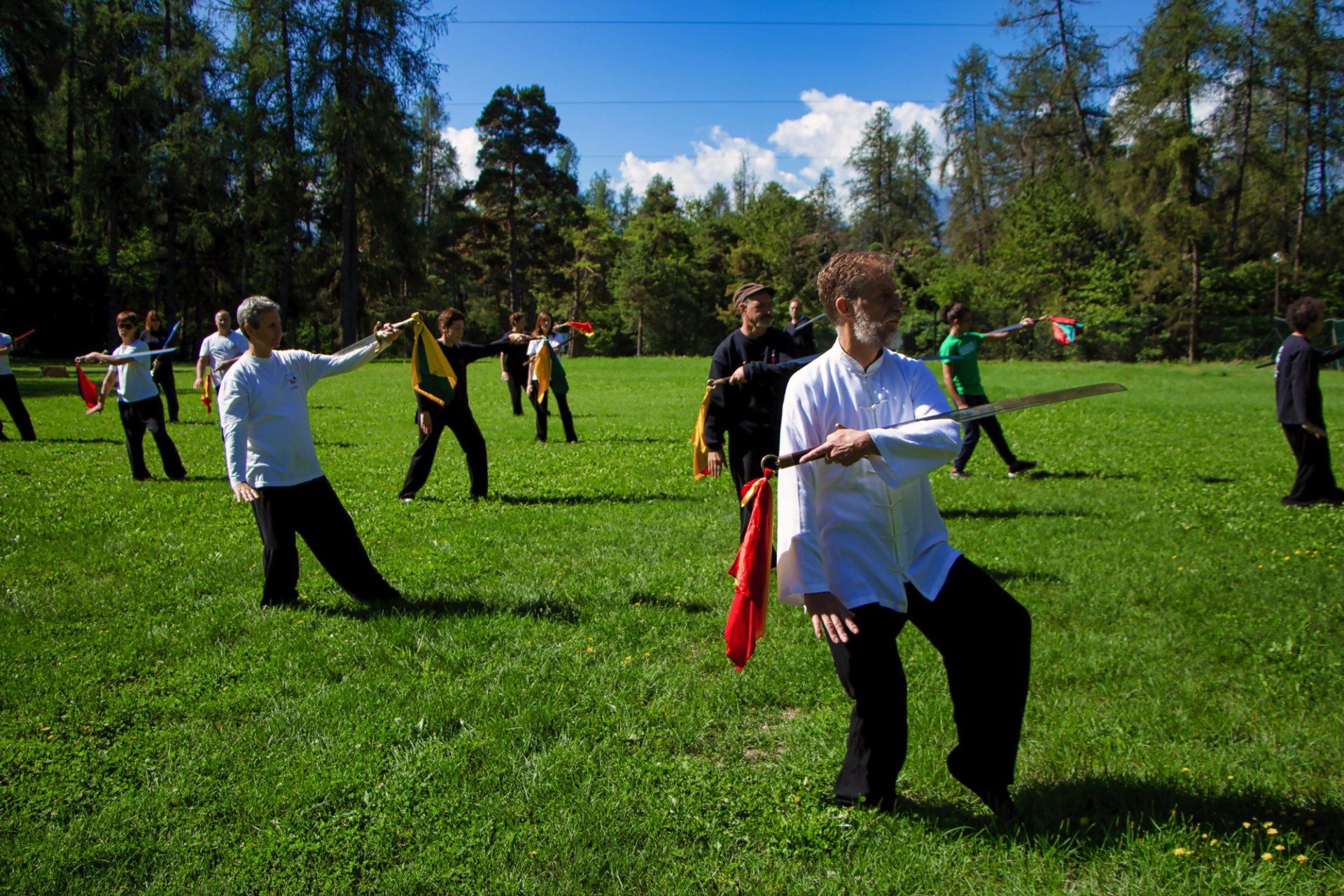 Un gruppo di persone pratica arti marziali in un campo erboso.