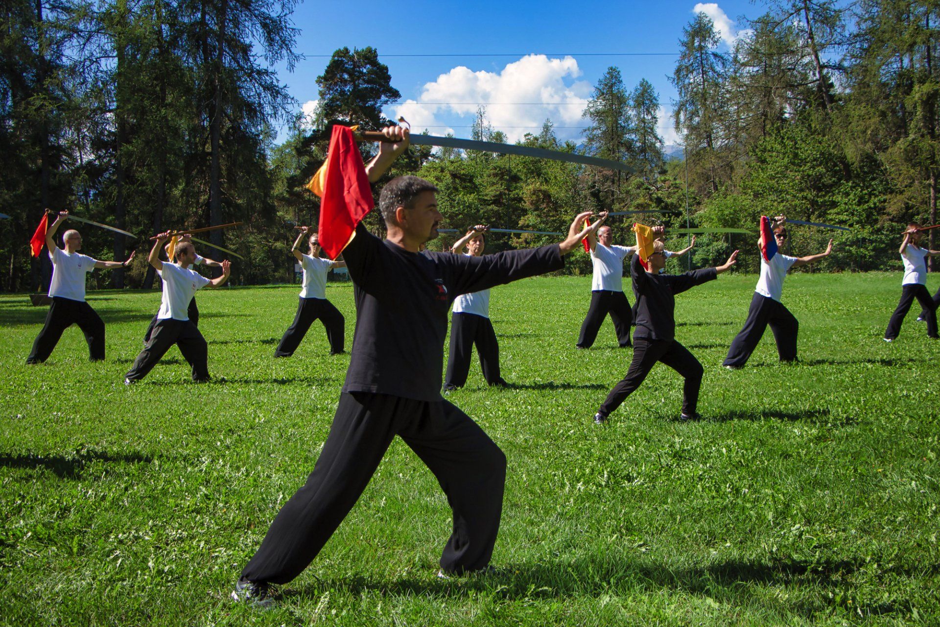 Un gruppo di persone pratica arti marziali in un campo erboso.