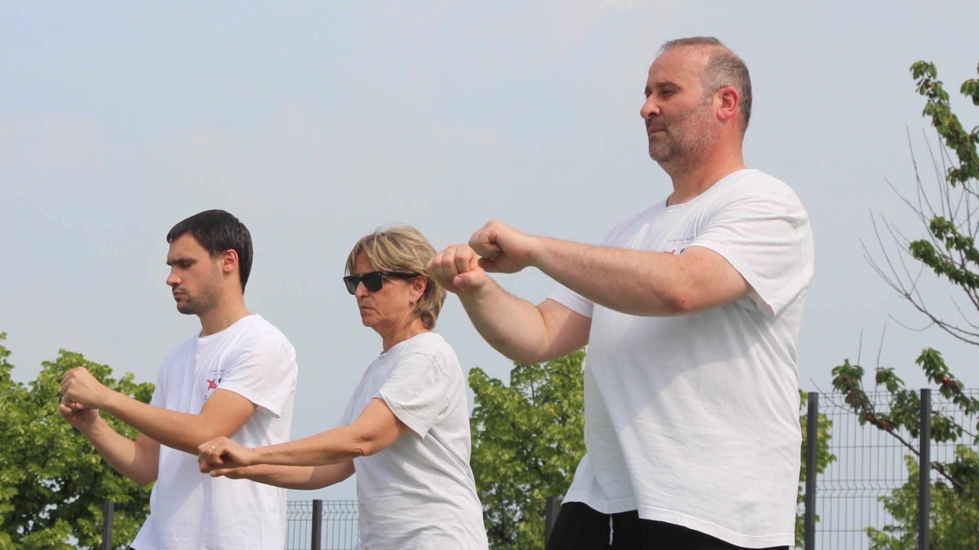 Un gruppo di persone pratica le arti marziali in un parco.