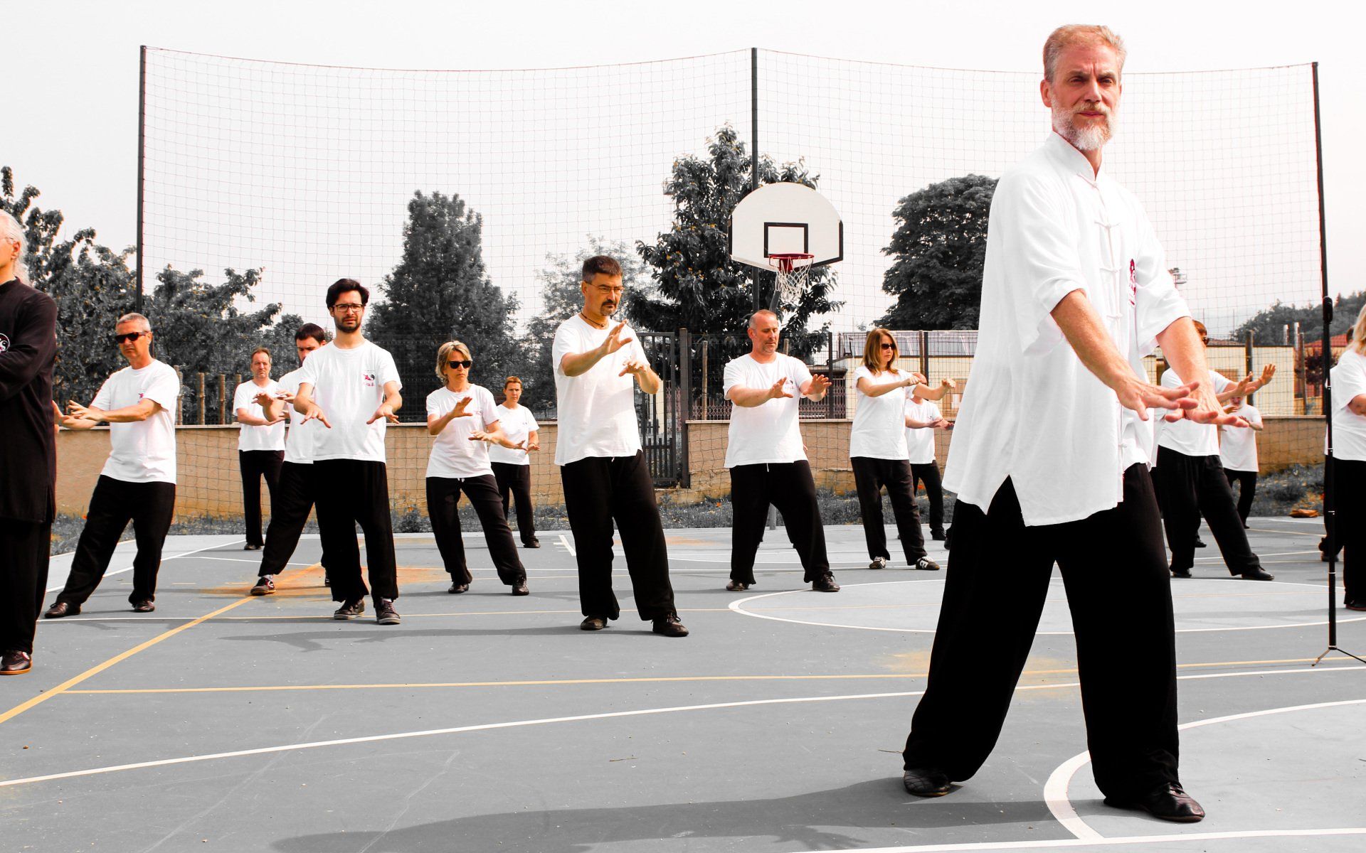 Un gruppo di persone pratica le arti marziali in un campo.