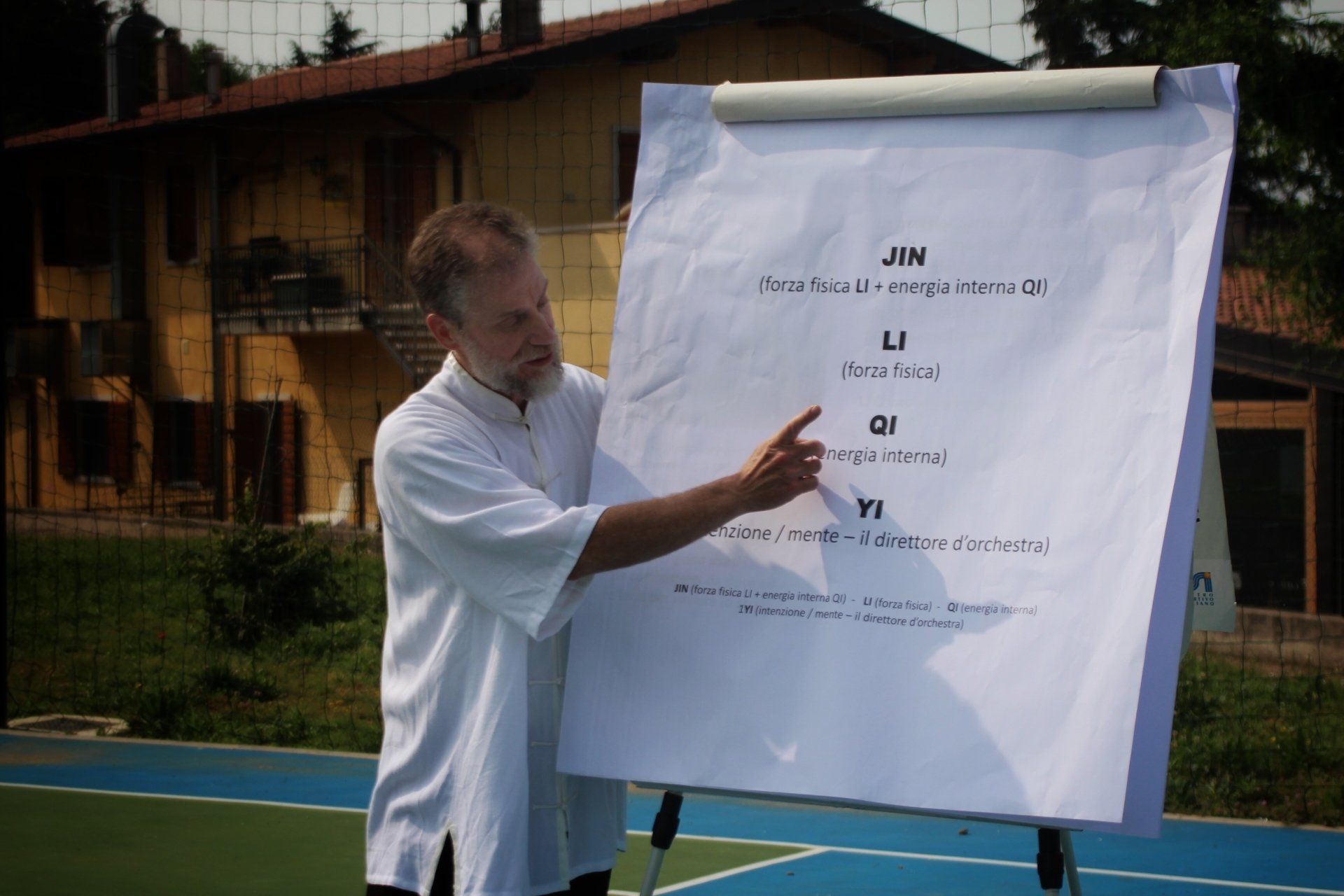 Un uomo in camicia bianca punta una lavagna bianca su un campo da tennis.