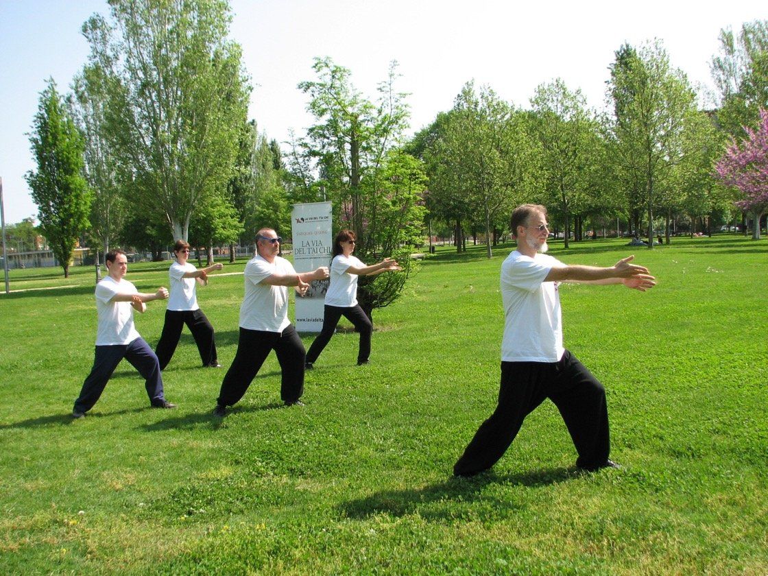 Un gruppo di persone pratica le arti marziali in un parco