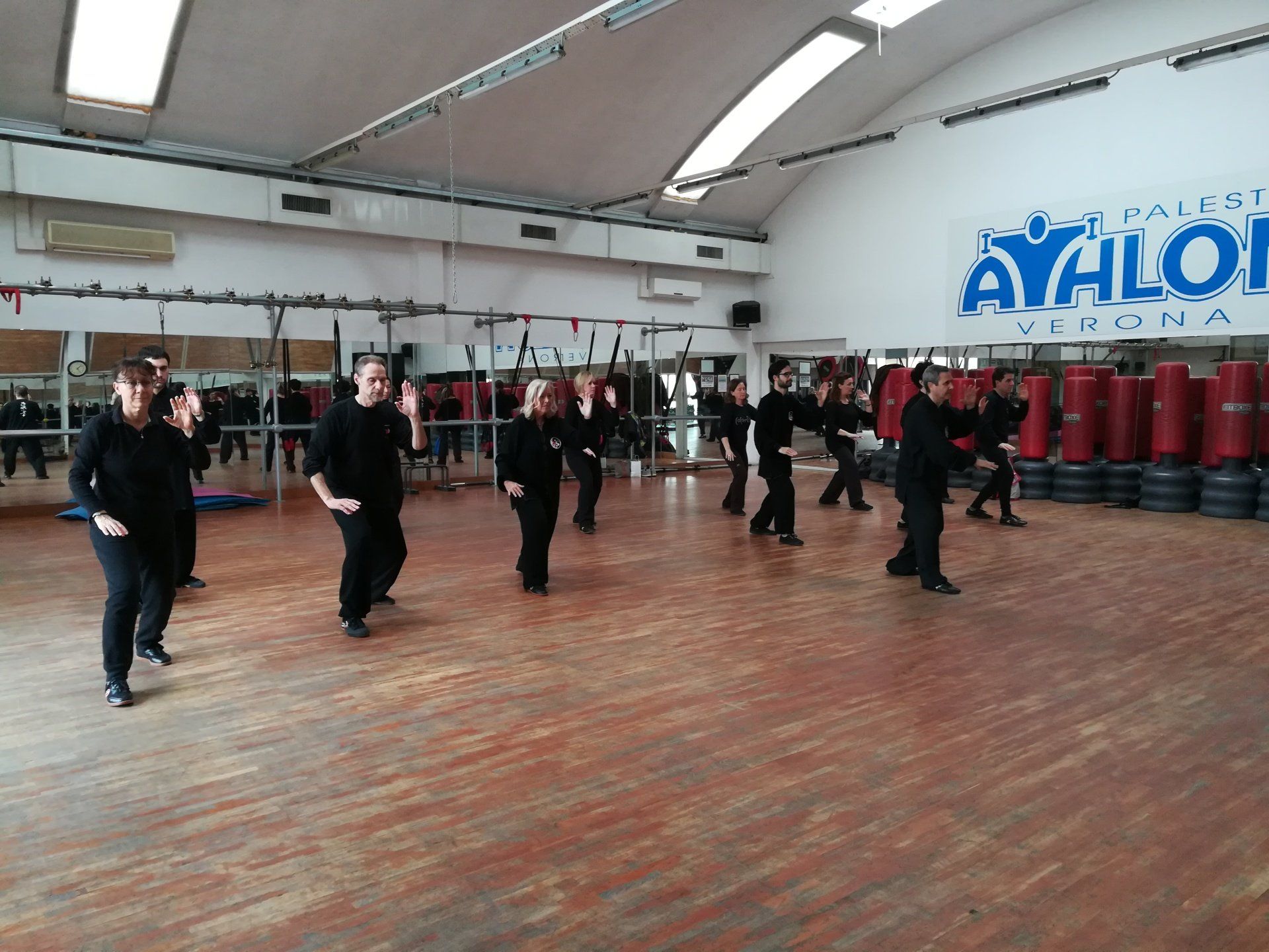 Un gruppo di persone pratica arti marziali in una palestra.