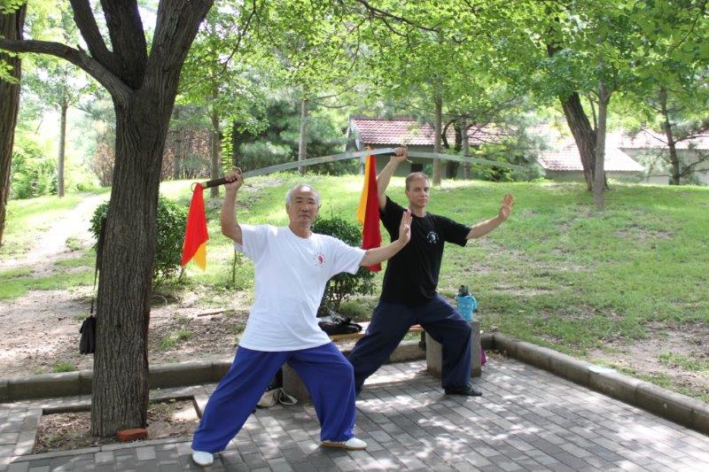 Due uomini praticano le arti marziali in un parco.