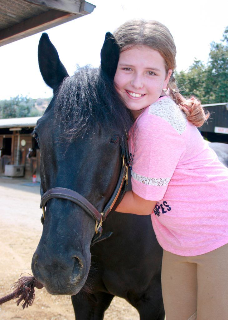 A girl in a pink shirt is hugging a black horse