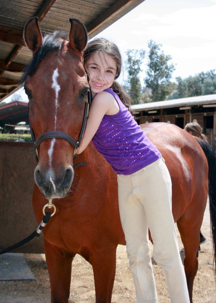 A little girl is hugging a brown horse in a stable.