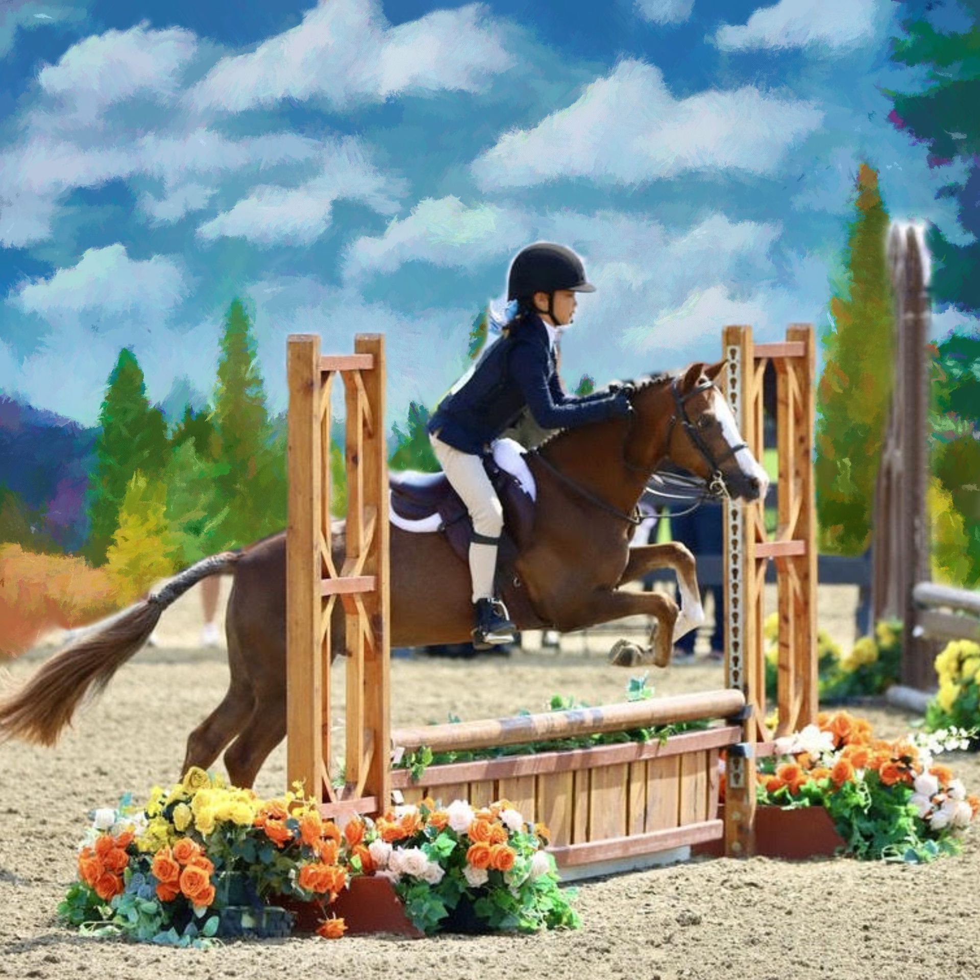 A person riding a horse jumping over a wooden fence