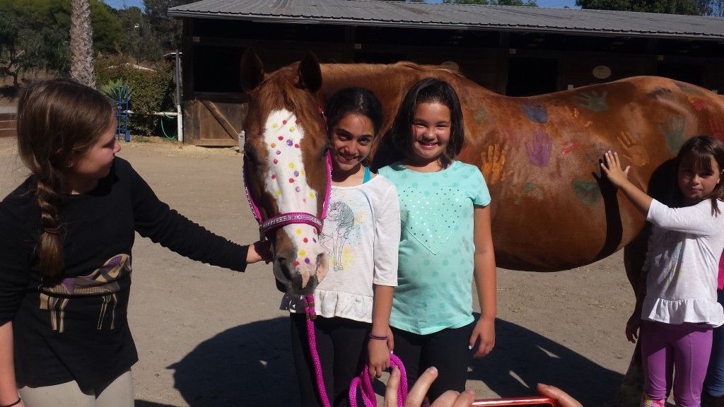 A group of young girls are standing next to a horse.