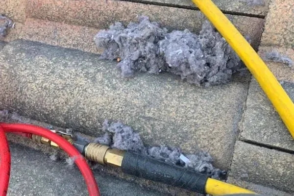 A close up of a hose and a bunch of lint on a brick wall.