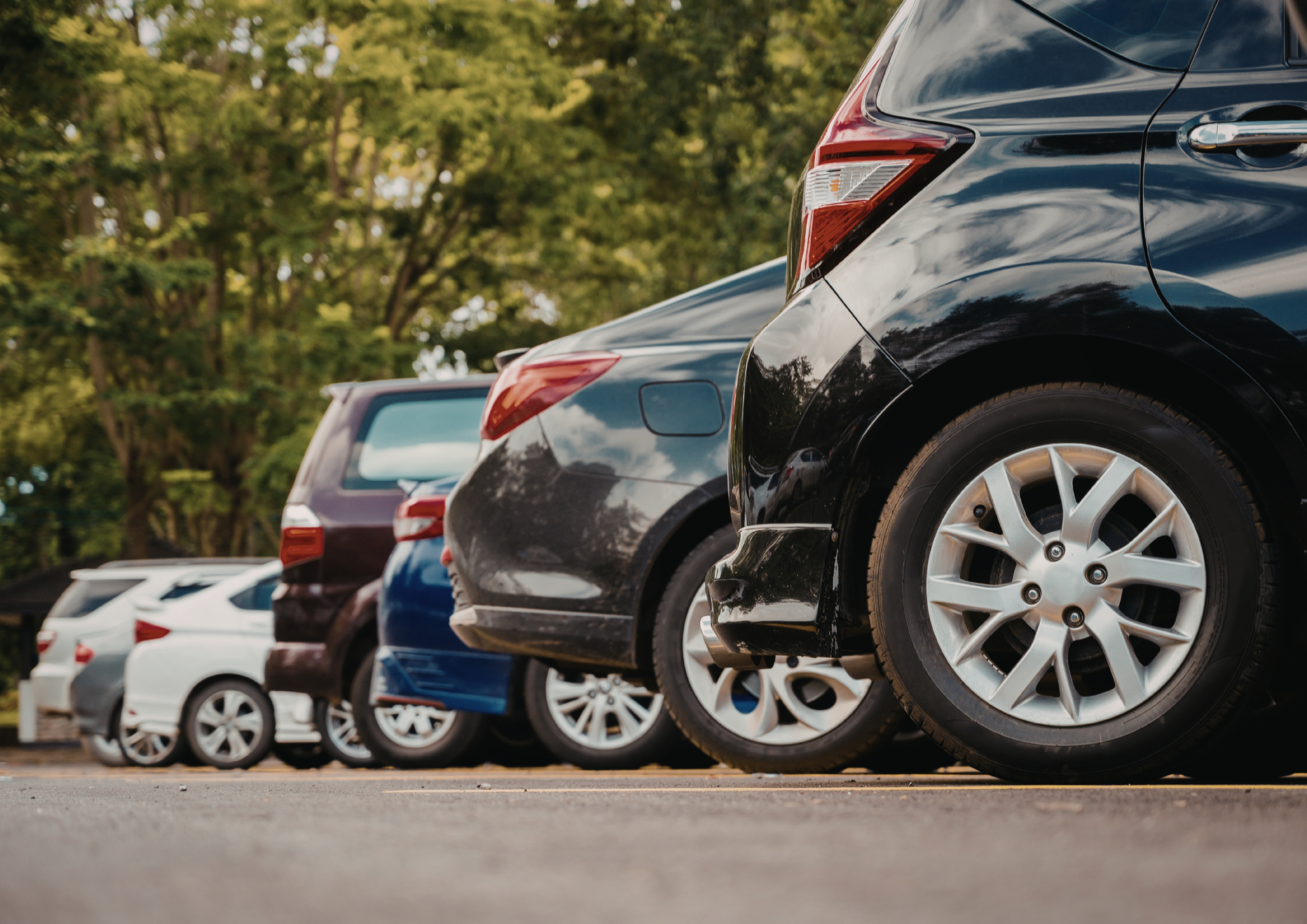 Rivi pysäköityjä autoja takaapäin nähtynä, rivissä pysäköintialueella puita taustalla.