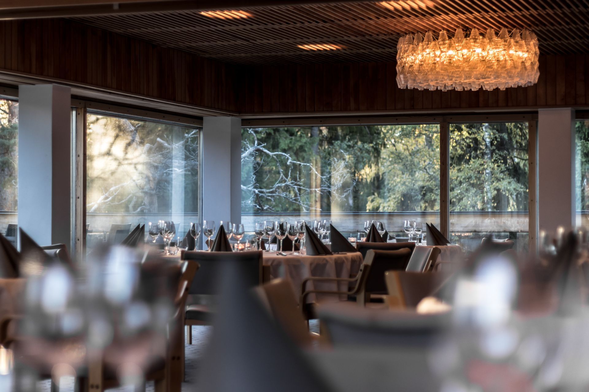 Elegantti, himmeästi valaistu ravintolasali, jossa on suuret metsään päin avautuvat ikkunat ja tummat lautasliinat katetuissa pöydissä.