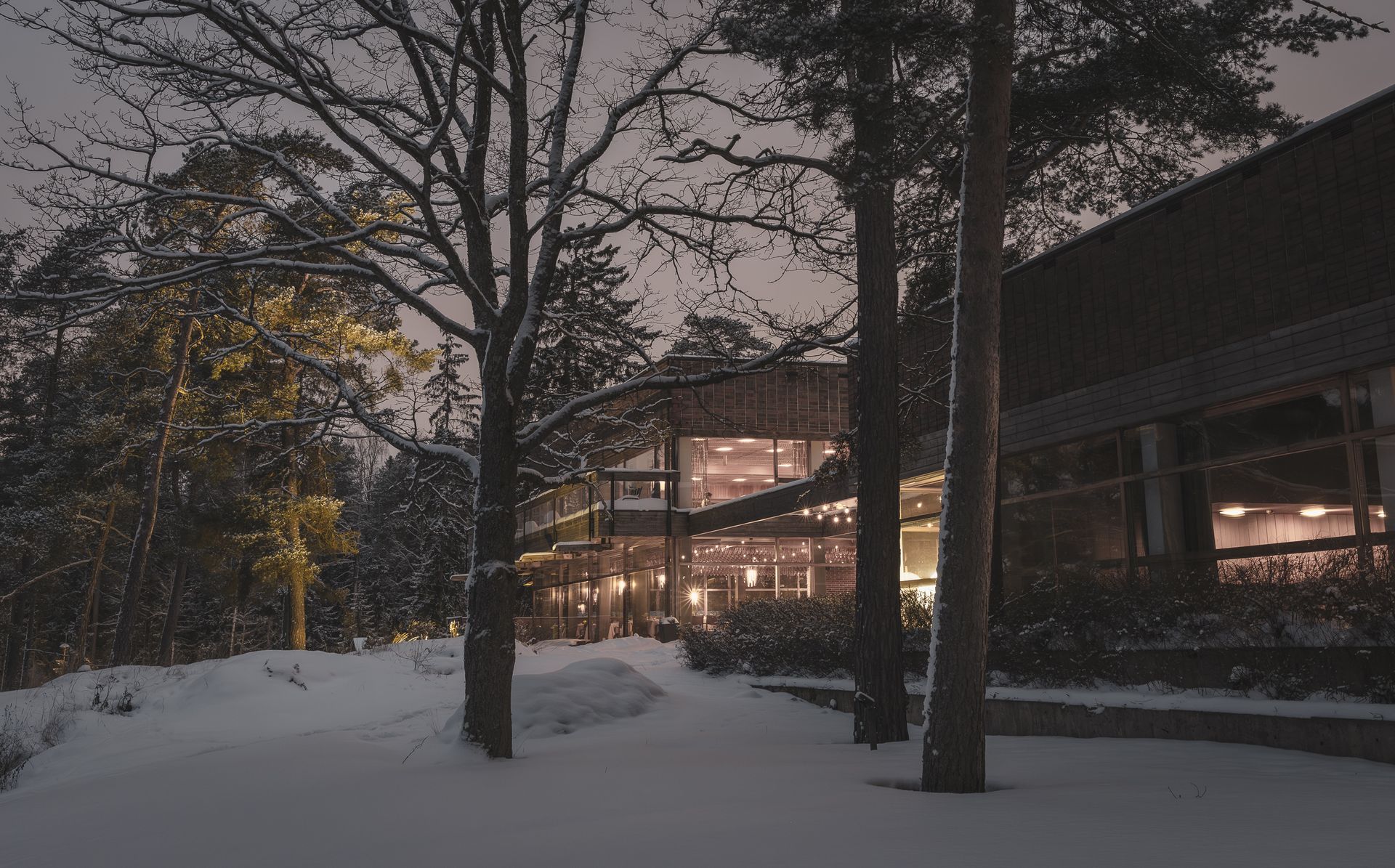 Nykyaikainen rakennus, jonka suuret ikkunat hohtavat lämpimästi yöllä, lumen peittämien puiden ja maan ympäröimänä.