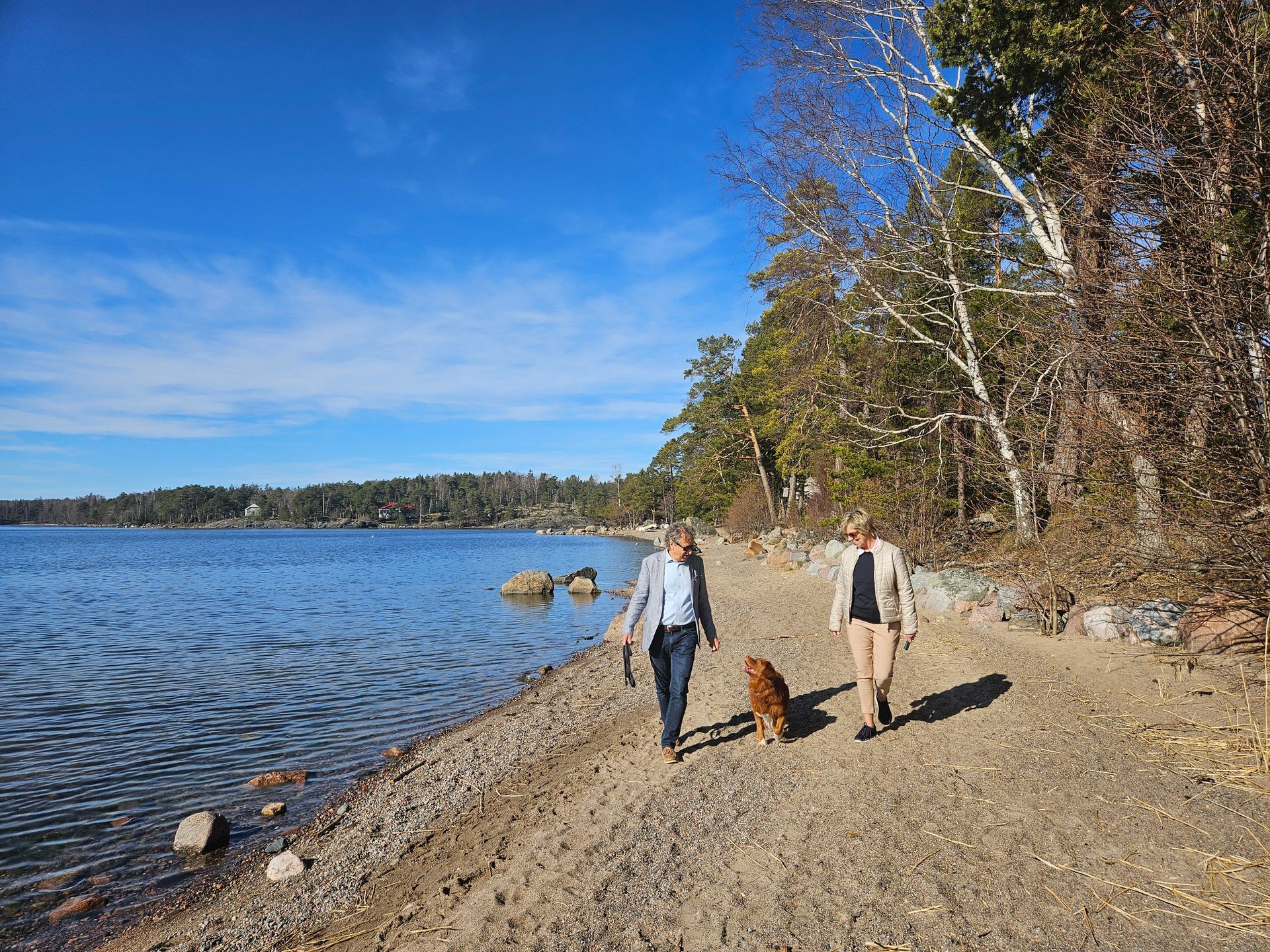 Kaksi ihmistä ulkoiluttaa kultaista koiraa kallioista rantaviivaa pitkin järven vieressä kirkkaan sinisen taivaan alla.
