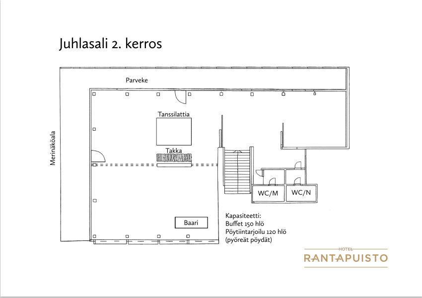 Toisen kerroksen Juhlasalin pohjapiirros, jossa näkyy pohjaratkaisu, portaikko, wc:t ja parveke.