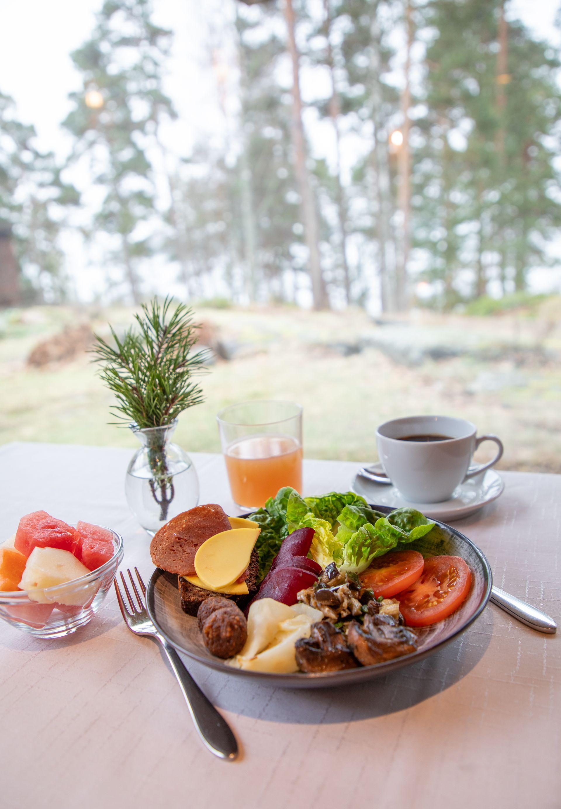 A breakfast plate with salad, meatballs, and cheese next to a bowl of fruit, a glass of juice, and coffee by a window.