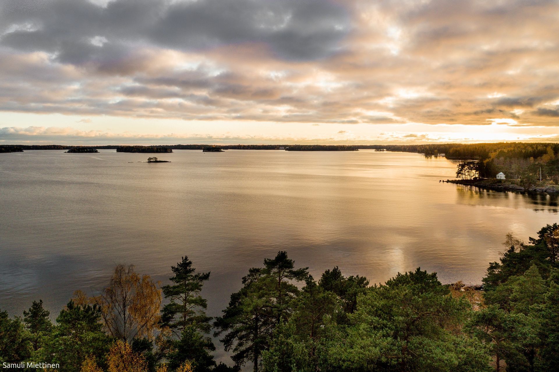 Tyyni järvi pilvisen auringonlaskun taivaan alla, etualalla tummanvihreiden mäntyjen reunustamana.