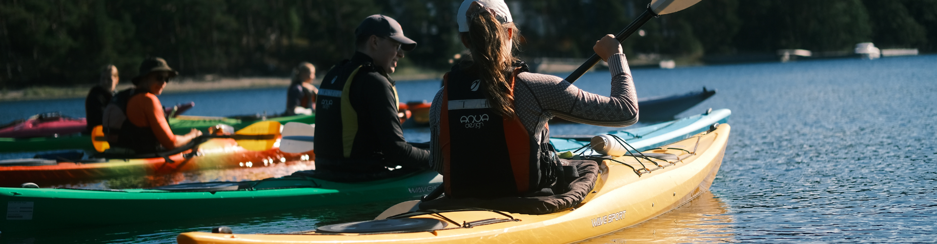 Ryhmä ihmisiä melomassa kajakilla auringonpaisteisella järvellä takaapäin nähtynä heidän meloessaan poispäin rannasta.