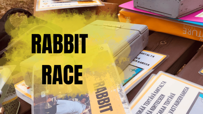 Lautapeli nimeltä "RABBIT RACE", jossa on kortteja, laatikko ja leikkimatto puisella pöydällä.