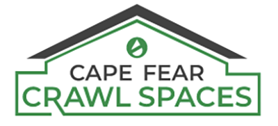 Logo of Cape Fear Crawl Spaces, with a roof over the text and a green and black color scheme.