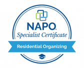 NAPO Residential Organizing Specialist Certificate badge: blue, white, and green design.