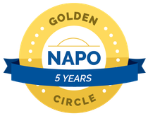 Golden Circle award for NAPO, celebrating 5 years. Blue and gold.