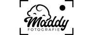 Zwart-wit logo van Maddy Fotografie met hoeken van een camerakader en een wolkicoon.