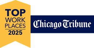 Top Workplaces 2025 badge in yellow with Chicago Tribune logo on navy background.