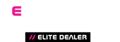 A logo for elite dealer with a pink e on a white background