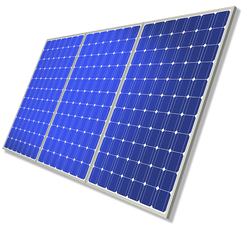 Three blue solar panels on a white background