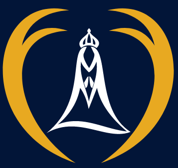 Ícone estilizado da Virgem Maria em branco, dentro de um coração dourado, sobre um fundo azul escuro.