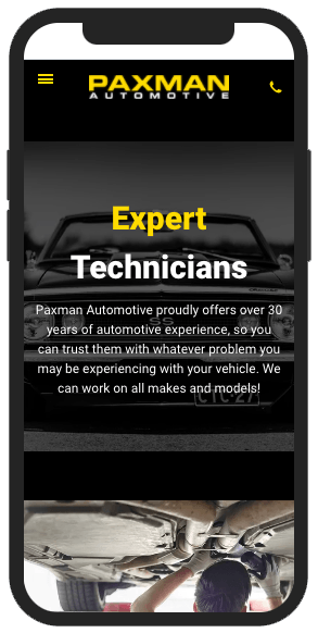 A phone screen shows a technician working on a car.
