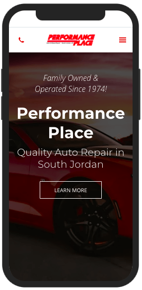 A cell phone displaying a website for performance place quality auto repair in south jordan.