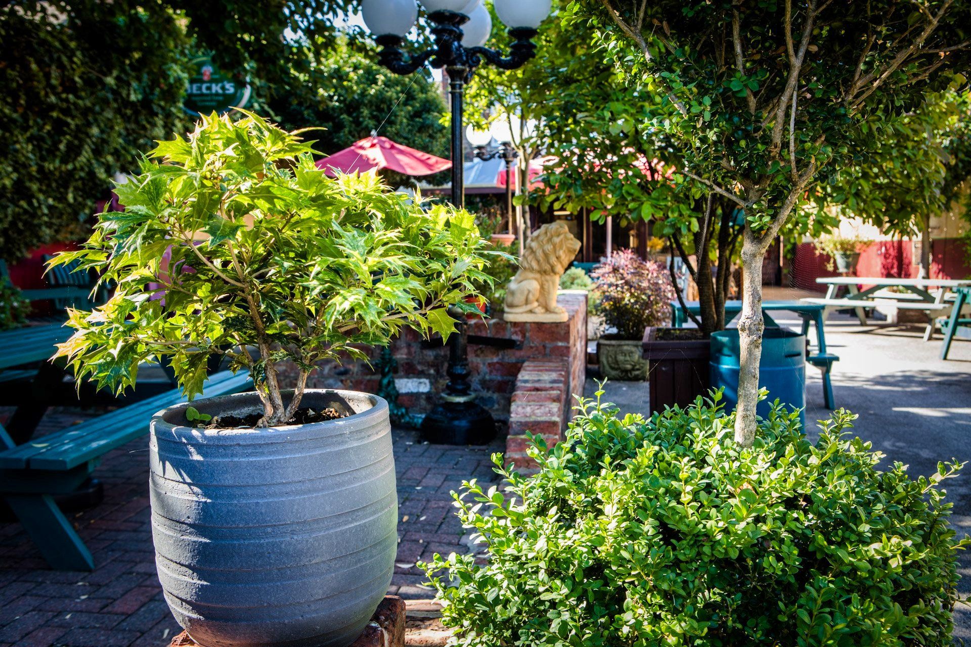 Outdoor dining area with lush greenery, brick accents, and picnic tables.