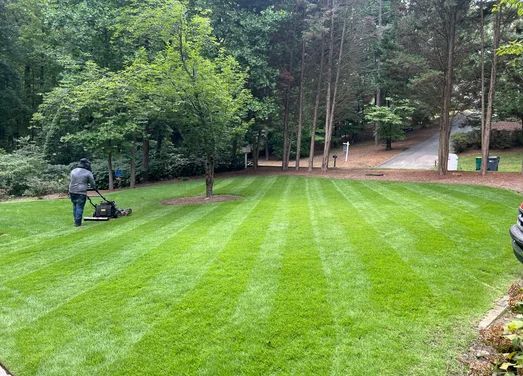 Person mowing a lawn with a striped pattern. Trees and a driveway in the background.