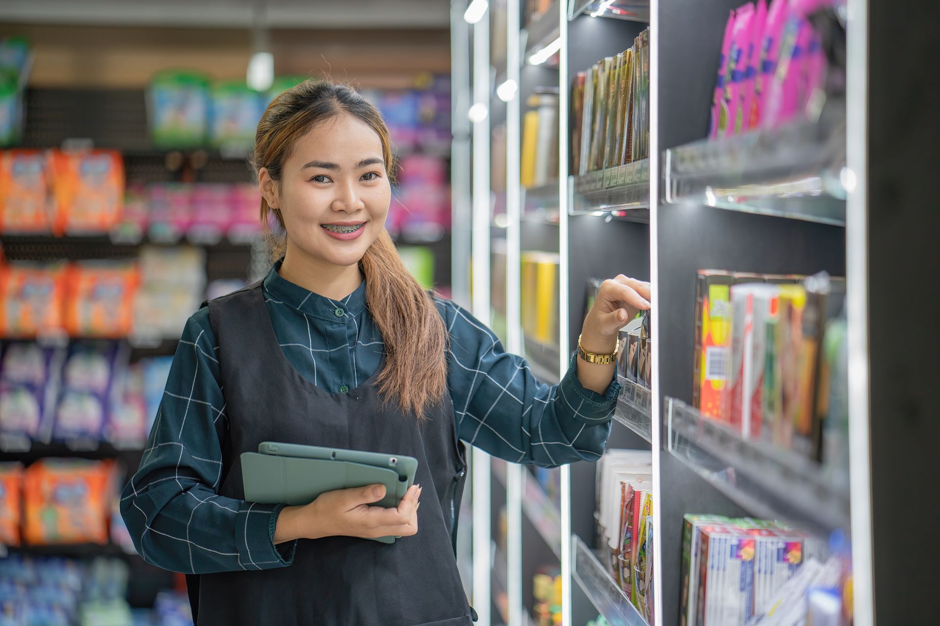 Une femme se tient debout dans une épicerie et tient une tablette.