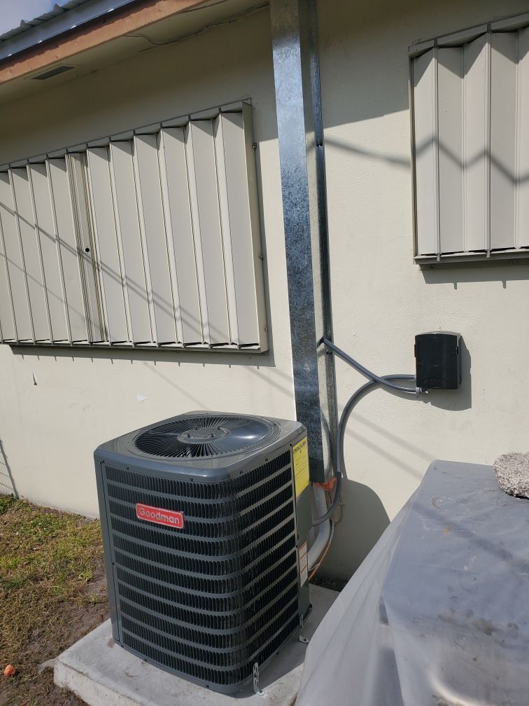 AC unit outside a building with metal ductwork.