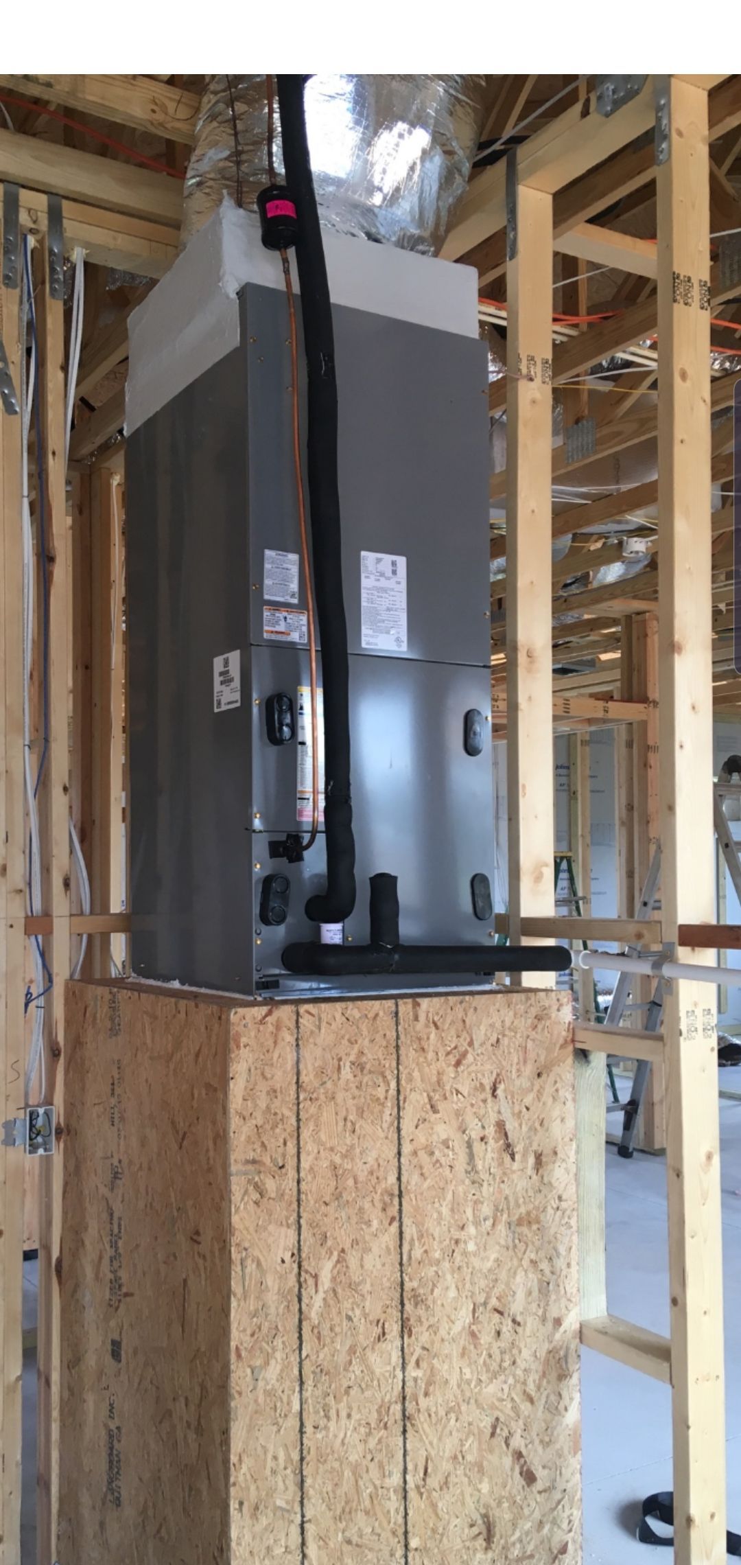 HVAC unit installed on a wooden stand inside a building under construction.