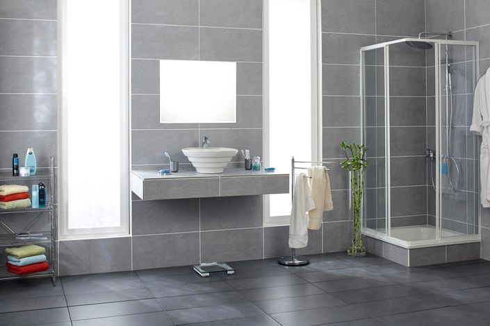 Bagno moderno grigio con lavabo, specchio, doccia, portasciugamani e pianta.