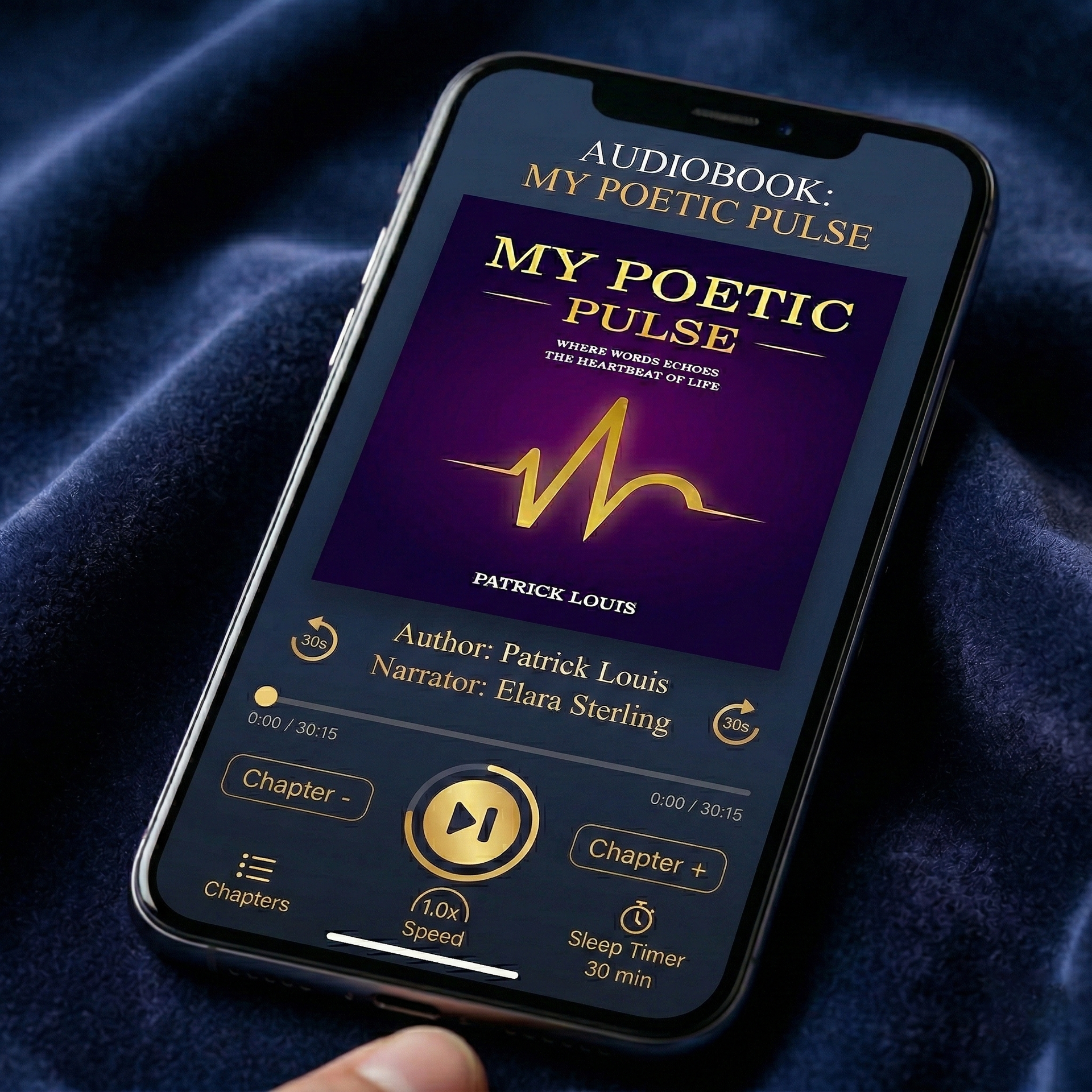 Smartphone displaying an audiobook cover, 