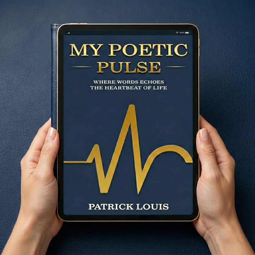 Hands holding a tablet displaying a book cover titled 