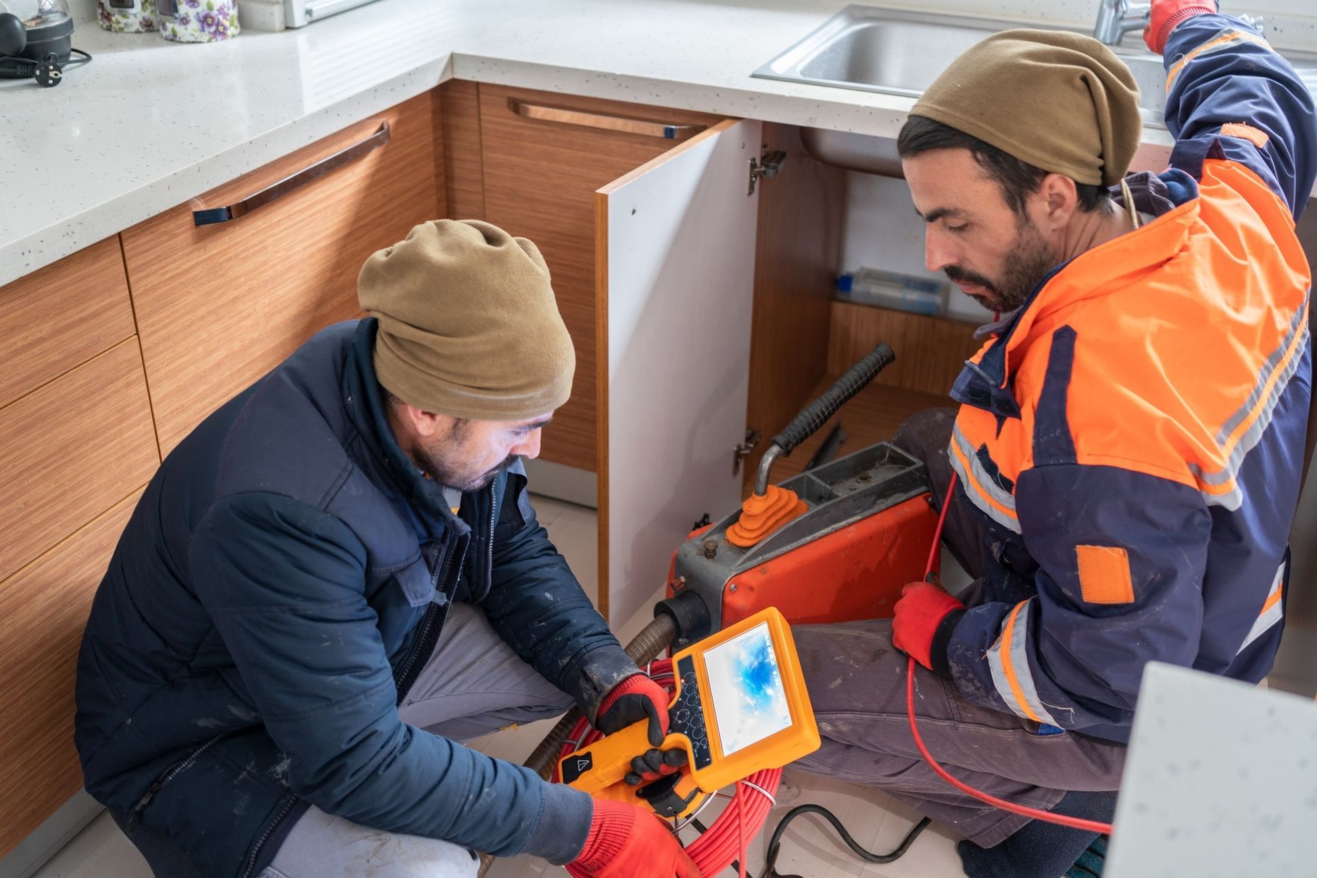 Two Men in A Kitchen Inspecting Plumbing — Nuflow Wide Bay in Childers, QLD