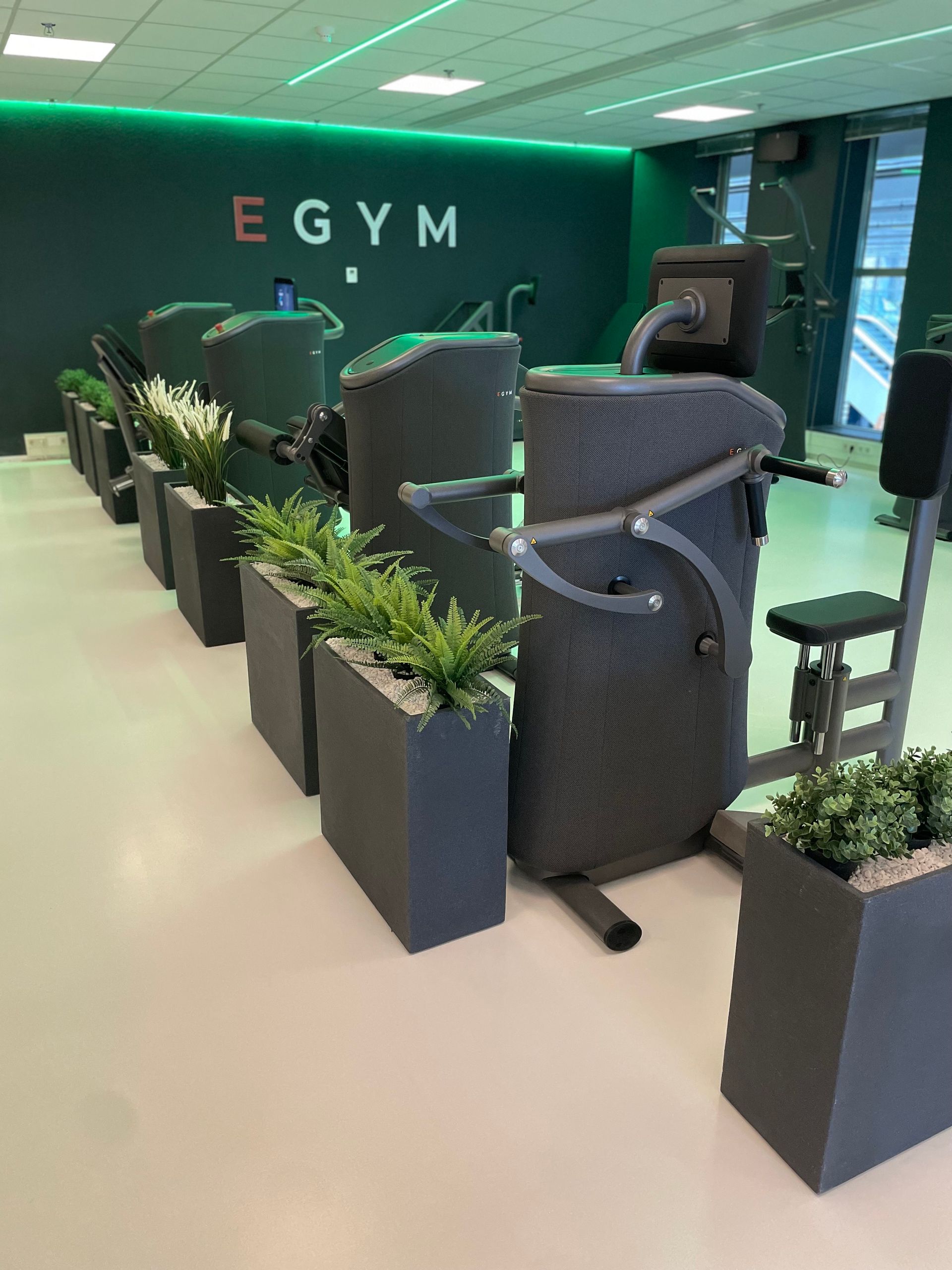 Een rij EGYM-fitnessapparaten in een sportschool met groene wanden, geflankeerd door plantenbakken met groene planten.