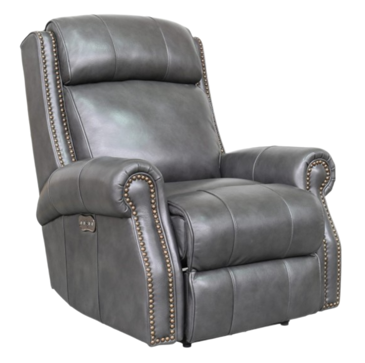 Dark gray leather recliner with nailhead trim; footrest extended.