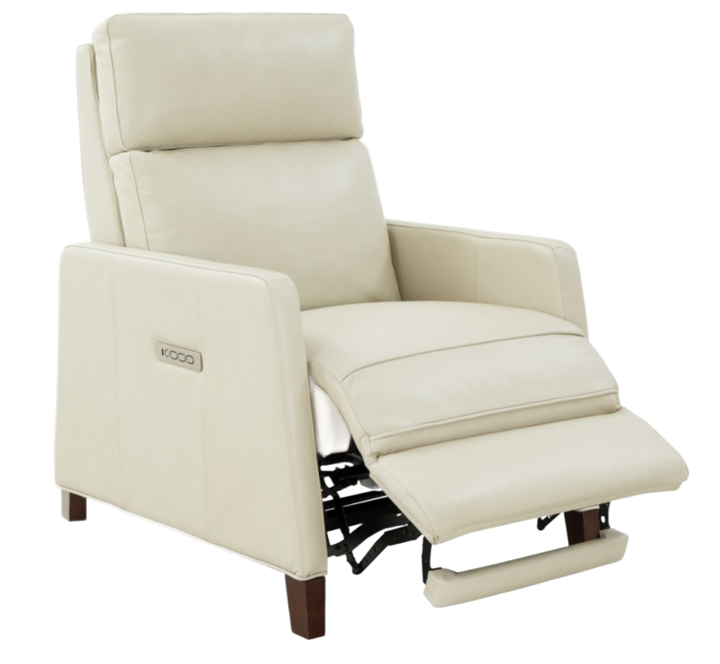 Cream-colored leather recliner chair with extended footrest, and upright back.