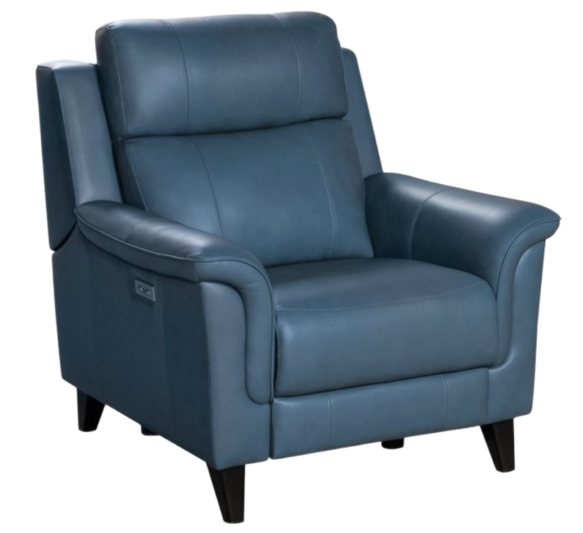 Blue leather two-seater recliner sofa with black legs, in a studio setting.